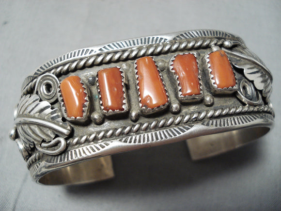 Detailed Wide Vintage Native American Navajo Coral Leaf Sterling Silve ...