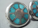 Detailed Women's Vintage Native American Zuni Turquoise Sterling Silver Wheel Earrings-Nativo Arts