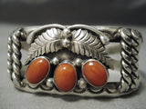 Domed Coral Vintage Navajo Sterling Silver Native American Leaf Bracelet Old-Nativo Arts