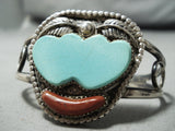 Double Heart Love Vintage Native American Navajo Turquoise Coral Sterling Silver Bracelet-Nativo Arts