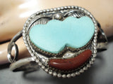 Double Heart Love Vintage Native American Navajo Turquoise Coral Sterling Silver Bracelet-Nativo Arts