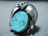 Double Leaf Vintage Native American Navajo Sleeping Beauty Turquoise Sterling Silver Ring-Nativo Arts