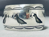 Double Quail Vintage Native American Navajo Hand Tooled Sterling Silver Bracelet Cuff-Nativo Arts