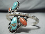 Dynamic Vintage Native American Navajo Turquoise & Coral Sterling Silver Bracelet-Nativo Arts