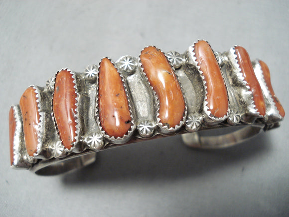 Dynamite Vintage Native American Navajo Chunky Coral Sterling Silver Bracelet Signed-Nativo Arts