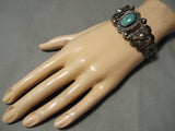 Earlier 1900's Vintage Native American Navajo Repoussed Cerrillos Turquoise Bracelet Old-Nativo Arts