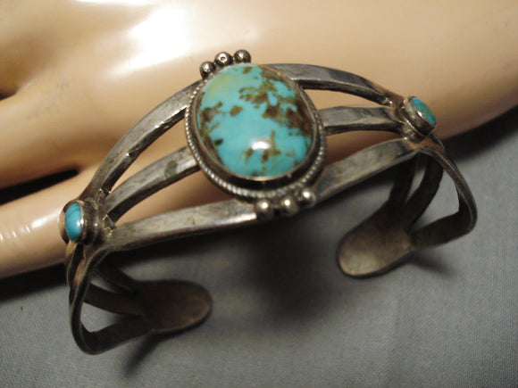 Earlier Vintage Native American Navajo Hand Forged Sterling Silver Turquoise Bracelet Old-Nativo Arts