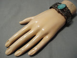 Early 1900's Vintage Native American Navajo Carico Lake Turquoise Sterling Silver Bracelet Old-Nativo Arts
