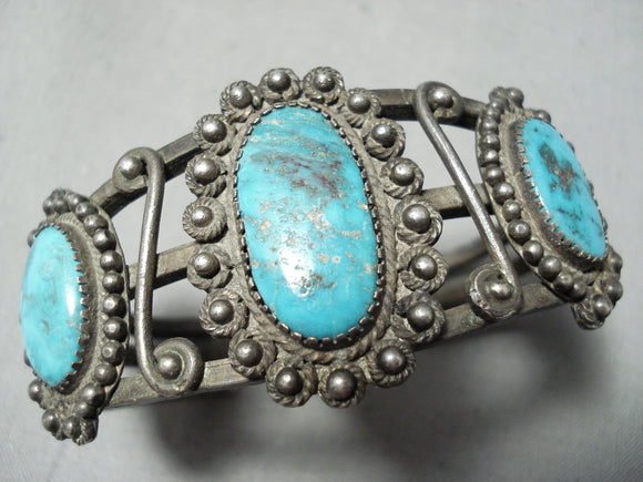 Early Heavy Vintage Native American Navajo Turquoise Sterling Silver Swirl Bracelet Old-Nativo Arts