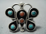 Early Vintage Native American Navajo Snake Eyes Turquoise Coral Sterling Silver Butterfly Ring-Nativo Arts