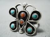 Early Vintage Native American Navajo Snake Eyes Turquoise Coral Sterling Silver Butterfly Ring-Nativo Arts