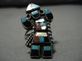 Early Vintage Native American Zuni Turquoise Coral Sterling Silver Inlay Kachina Ring Old-Nativo Arts