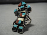 Early Vintage Native American Zuni Turquoise Coral Sterling Silver Inlay Kachina Ring Old-Nativo Arts
