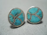 Early Vintage Native American Zuni Turquoise Inlay Sterling Silver Earrings Old-Nativo Arts