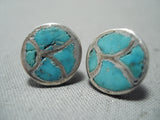 Early Vintage Native American Zuni Turquoise Inlay Sterling Silver Earrings Old-Nativo Arts