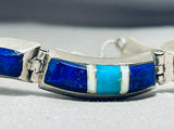 Ed Chiseillie Vintage Native American Navajo Lapis Sterling Silver Hinge Bracelet Signed-Nativo Arts