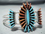 Eddy Cooyate Native American Zuni Turquoise Coral Needlepoint Sterling Silver Bracelet-Nativo Arts