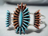 Eddy Cooyate Native American Zuni Turquoise Coral Needlepoint Sterling Silver Bracelet-Nativo Arts