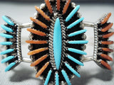 Eddy Cooyate Native American Zuni Turquoise Coral Needlepoint Sterling Silver Bracelet-Nativo Arts