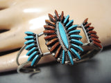 Eddy Cooyate Native American Zuni Turquoise Coral Needlepoint Sterling Silver Bracelet-Nativo Arts