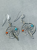 Elegant Native American Navajo Turquoise Coral Sterling Silver Dreamcatcher Earrings-Nativo Arts