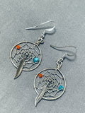 Elegant Native American Navajo Turquoise Coral Sterling Silver Dreamcatcher Earrings-Nativo Arts