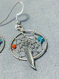 Elegant Native American Navajo Turquoise Coral Sterling Silver Dreamcatcher Earrings-Nativo Arts