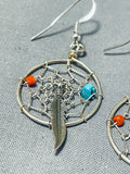 Elegant Native American Navajo Turquoise Coral Sterling Silver Dreamcatcher Earrings-Nativo Arts