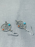 Elegant Native American Navajo Turquoise Coral Sterling Silver Dreamcatcher Earrings-Nativo Arts