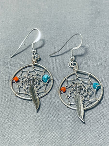 Elegant Native American Navajo Turquoise Coral Sterling Silver Dreamcatcher Earrings-Nativo Arts