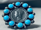 Excellent Native American Navajo Sleeping Beauty Turquoise Sterling Silver Dime Ring-Nativo Arts