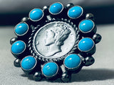 Excellent Native American Navajo Sleeping Beauty Turquoise Sterling Silver Dime Ring-Nativo Arts
