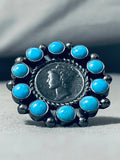 Excellent Native American Navajo Sleeping Beauty Turquoise Sterling Silver Dime Ring-Nativo Arts