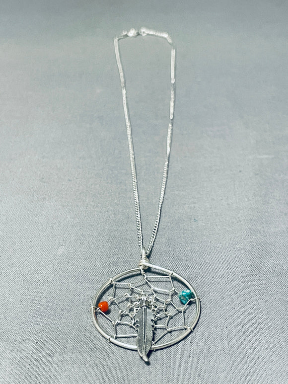 Excellent Native American Navajo Turquoise Coral Sterling Silver Dreamcatcher Necklace-Nativo Arts