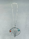Excellent Native American Navajo Turquoise Coral Sterling Silver Dreamcatcher Necklace-Nativo Arts