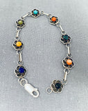 Excellent Native American Navajo Turquoise Coral Sterling Silver Flower Bracelet-Nativo Arts