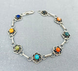 Excellent Native American Navajo Turquoise Coral Sterling Silver Flower Bracelet-Nativo Arts