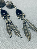 Excellent Vintage Native American Navajo Black Onyx Sterling Silver Feather Earrings-Nativo Arts