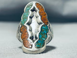 Excellent Vintage Native American Navajo Turquoise Coral Chip Inlay Sterling Silver Ring-Nativo Arts