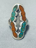 Excellent Vintage Native American Navajo Turquoise Coral Chip Inlay Sterling Silver Ring-Nativo Arts