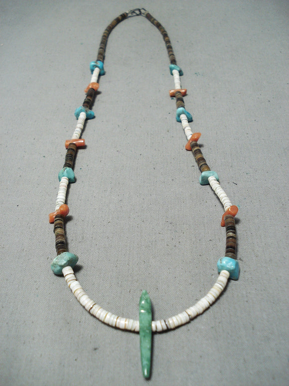 Excellent Vintage Native American Navajo Turquoise Coral Heishi Sterling Silver Necklace Old-Nativo Arts