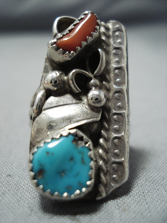 Excellent Vintage Native American Navajo Turquoise Coral Sterling Silver Ring-Nativo Arts