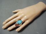 Exceptional Native American Zuni Carved Turquoise Coral Sterling Silver Ring-Nativo Arts