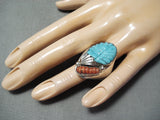 Exceptional Native American Zuni Carved Turquoise Coral Sterling Silver Ring-Nativo Arts