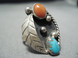 Exceptional Vintage Native American Navajo Bisbee Turquoise Coral Sterling Silver Ring-Nativo Arts