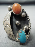 Exceptional Vintage Native American Navajo Bisbee Turquoise Coral Sterling Silver Ring-Nativo Arts