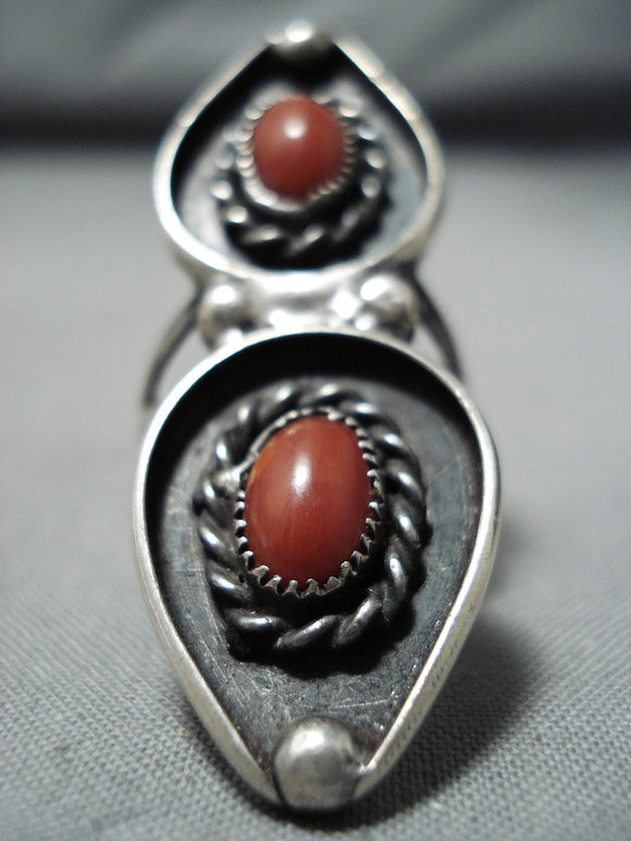 Exceptional Vintage Native American Navajo Coral Sterling Silver Ring Old-Nativo Arts