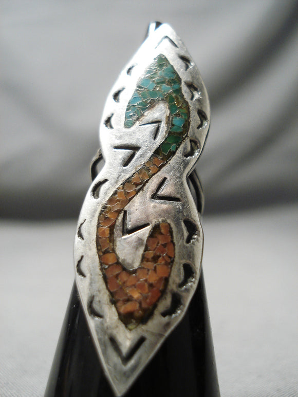 Exceptional Vintage Native American Navajo Turquoise & Coral Chip Inlay Sterling Silver Ring Old-Nativo Arts