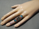 Exceptional Vintage Native American Navajo Turquoise & Coral Inlay Sterling Silver Ring Old-Nativo Arts