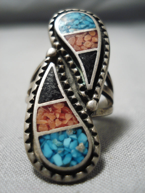 Exceptional Vintage Native American Navajo Turquoise & Coral Inlay Sterling Silver Ring Old-Nativo Arts